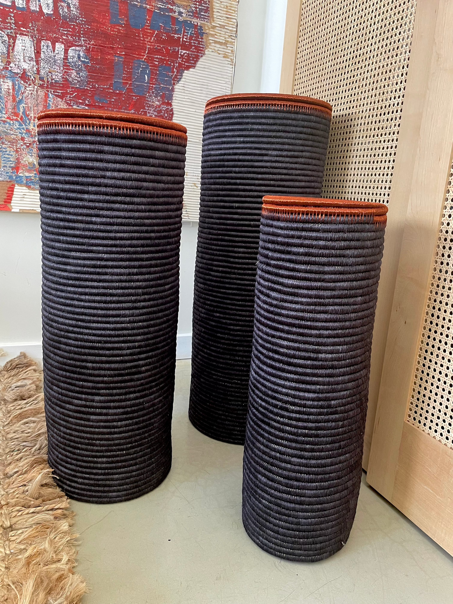 TRIBU FLOOR VASES BLACK WEAVE AND COPPER DETAIL