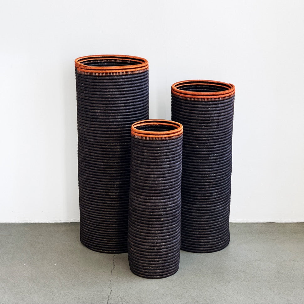 TRIBU FLOOR VASES BLACK WEAVE AND COPPER DETAIL